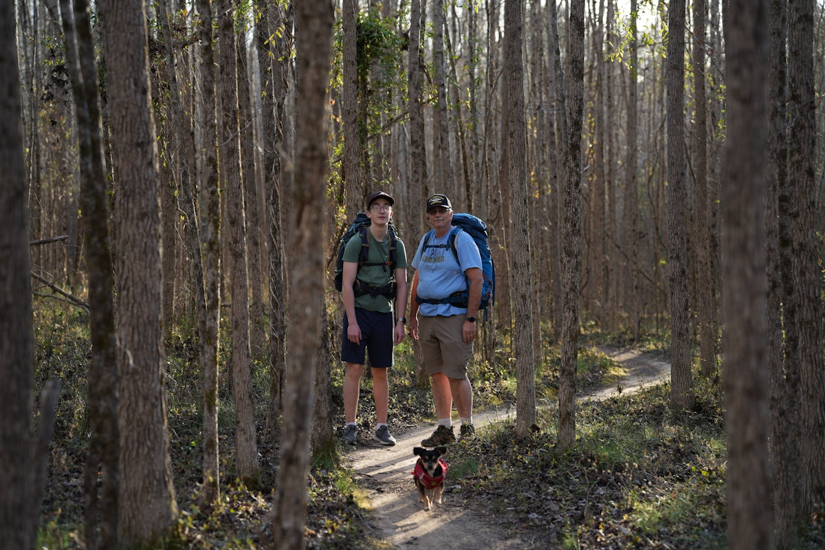 Two hikers and a dog walk on a forest path